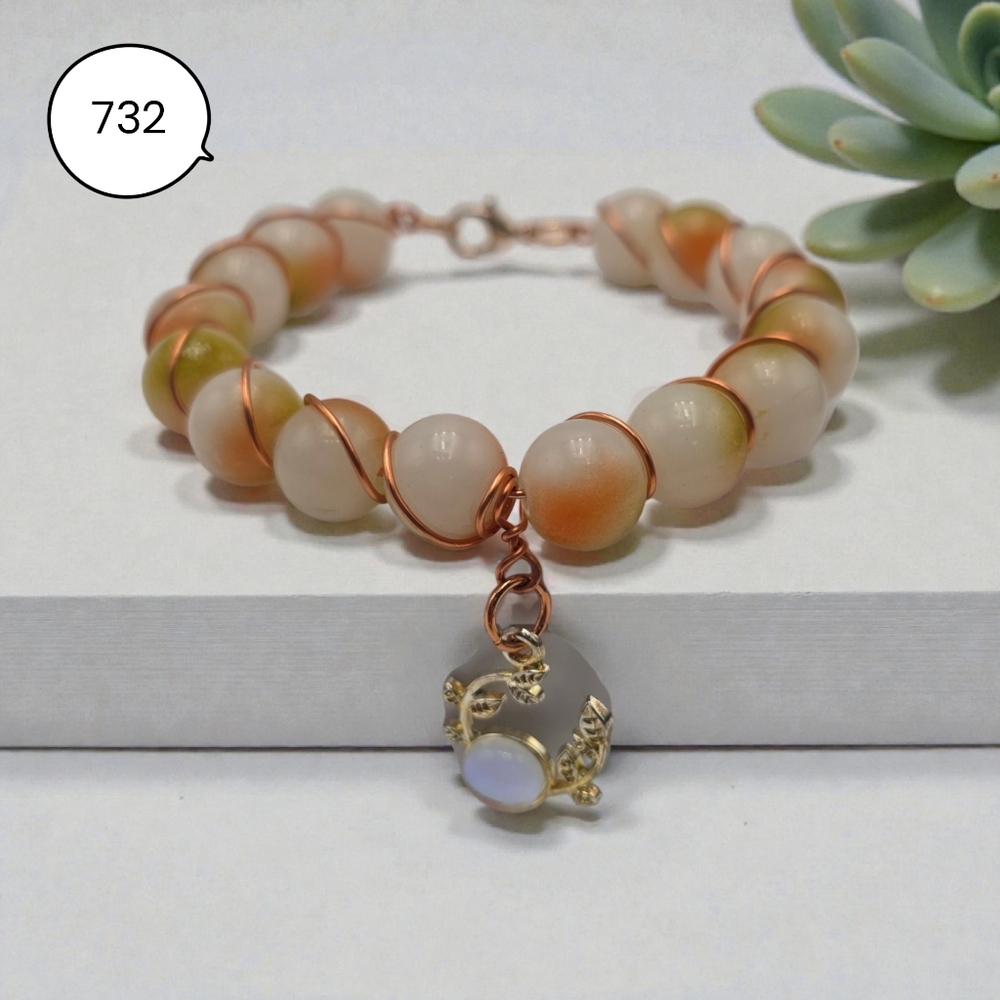 Handmade Ombre Glass Bead Bracelet with Copper Wire & Crystal Charm